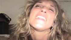 Buxom blonde hooker with sexy legs braces herself for a deep fucking