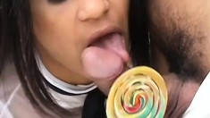 Lollipop licking Latina is outside getting her hairy pussy tapped hard